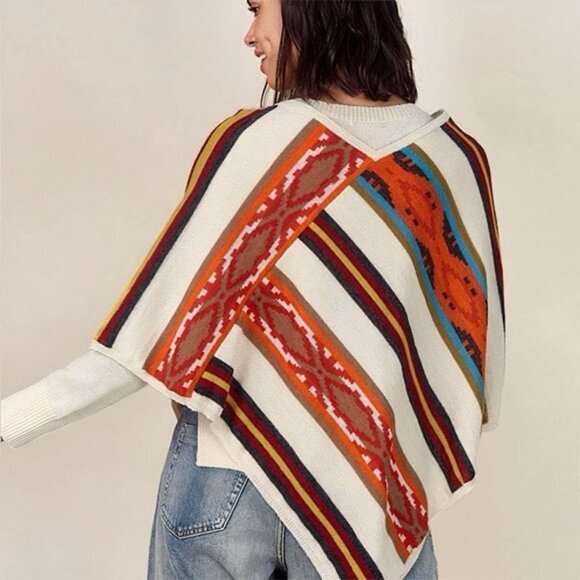 Sol Alpaca Poncho OS Womens Andgyle Orange Cream Striped Pullover Baby Alpaca - Picture 2 of 8